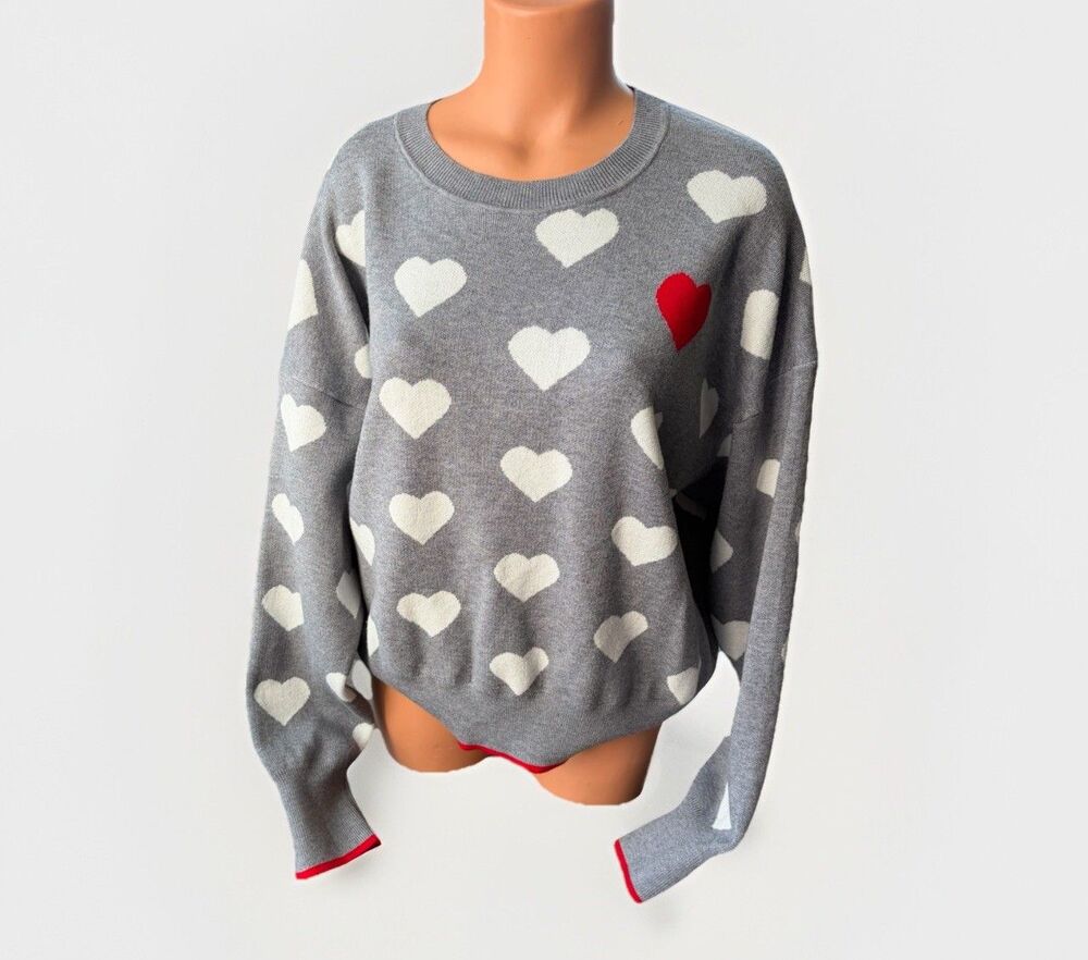 Scotch & Soda Women’s Gray Heart Intarsia Knit Pullover Sweater Red Size L